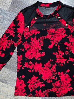Adele & May Black & Red Floral Print Pullover Blouse Long Sleeve Sz Lg